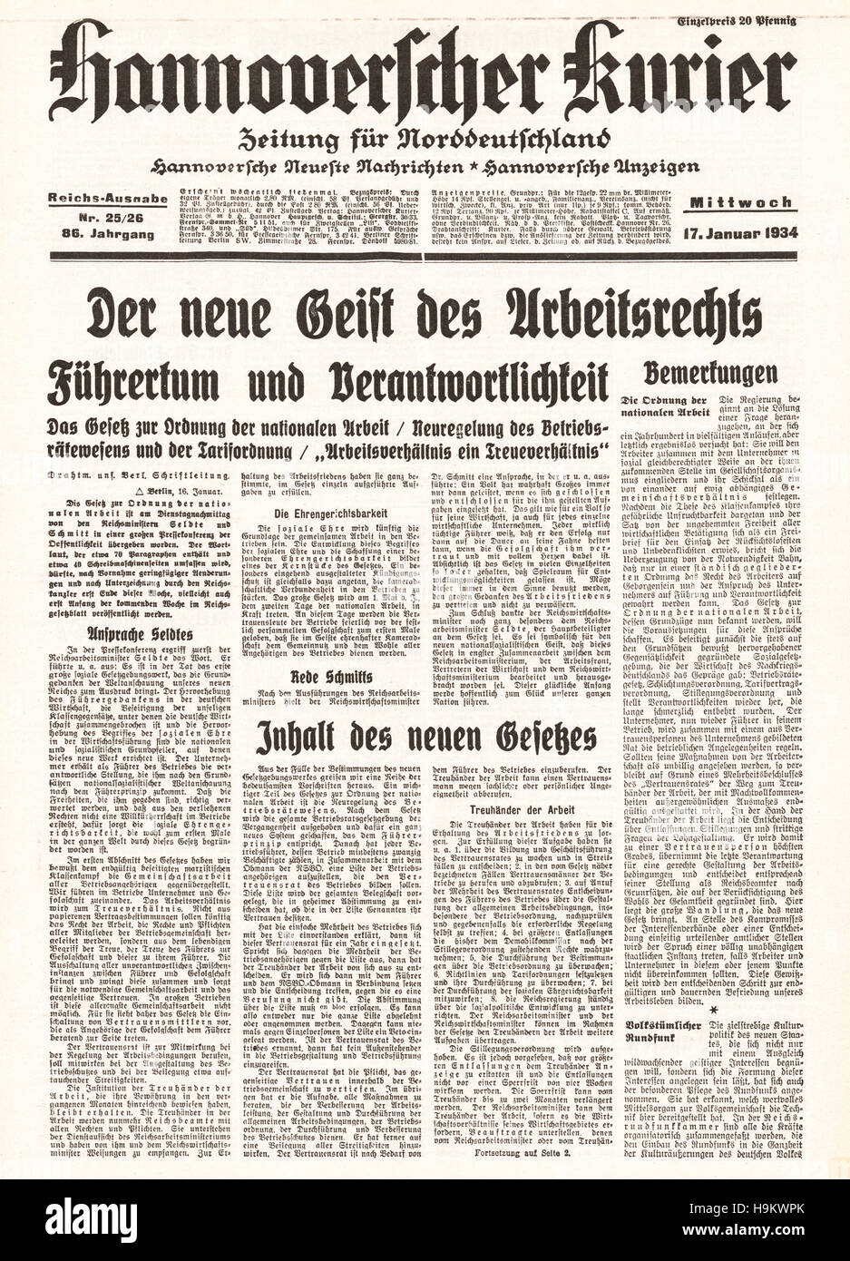 1934 Hannovischer Kurier front page  New labour laws Stock Photo