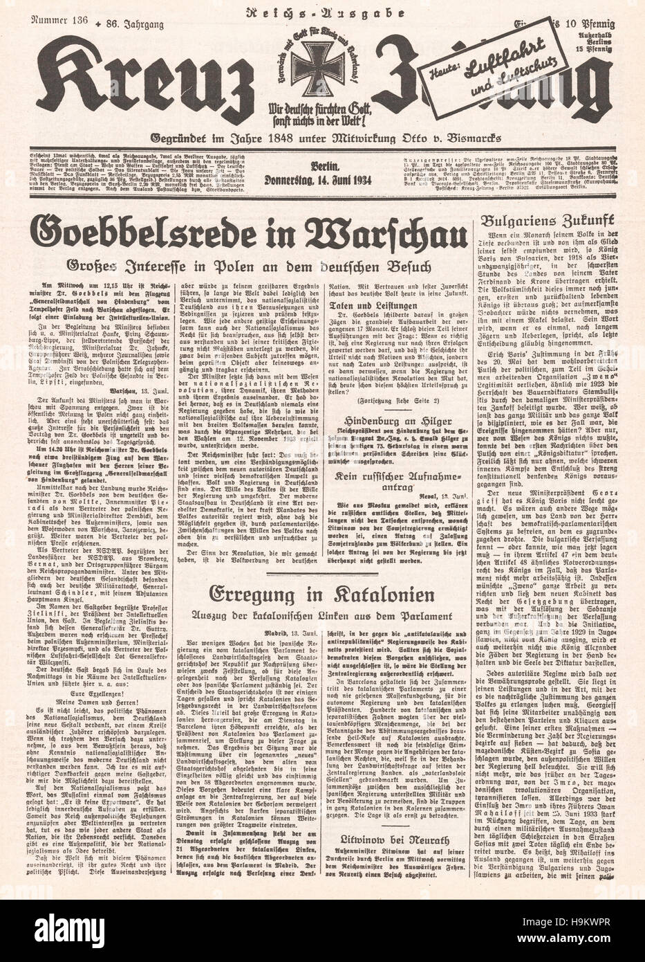 1934 Kreuz Zeitung front page (Germany) Geobbels speech in Warsaw Stock Photo