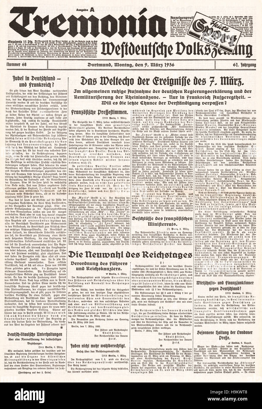 1936 Tremonia front page (Germany) German troops march into the Rheinland Stock Photo