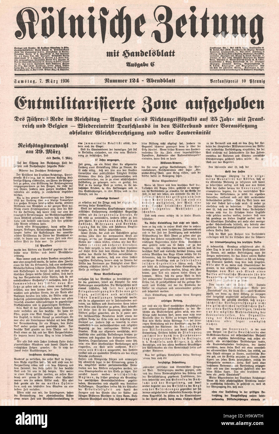 1936 Kölnischer Zeitung front page (Germany) German troops in the Rheinland Stock Photo