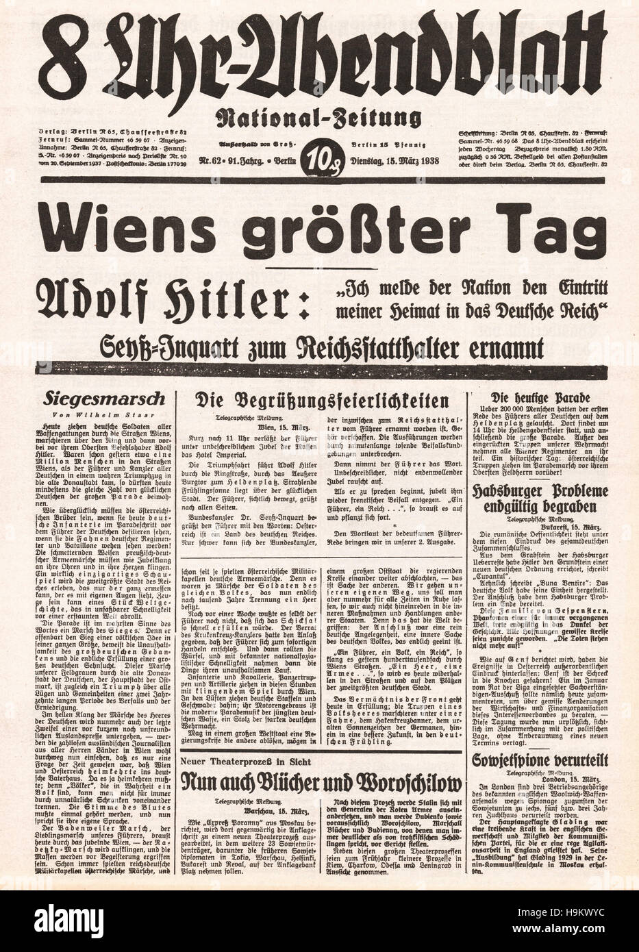 1938 National Zeitung front page (Germany) Annexation of Austria Stock Photo