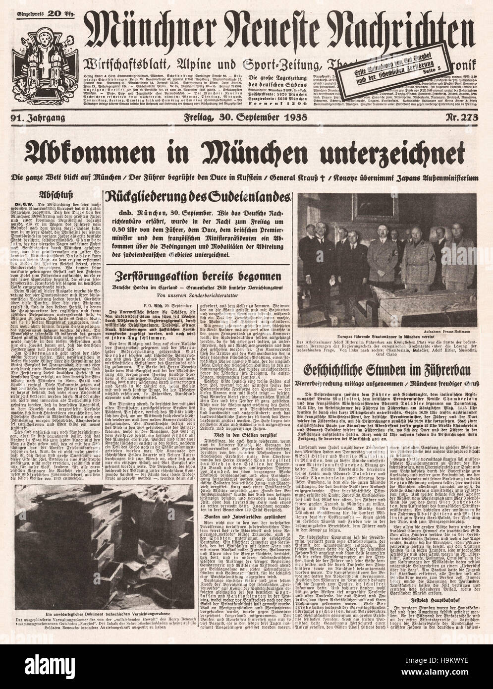 1938 Münchener Nachrichten front page Munich Peace Agreement Stock Photo