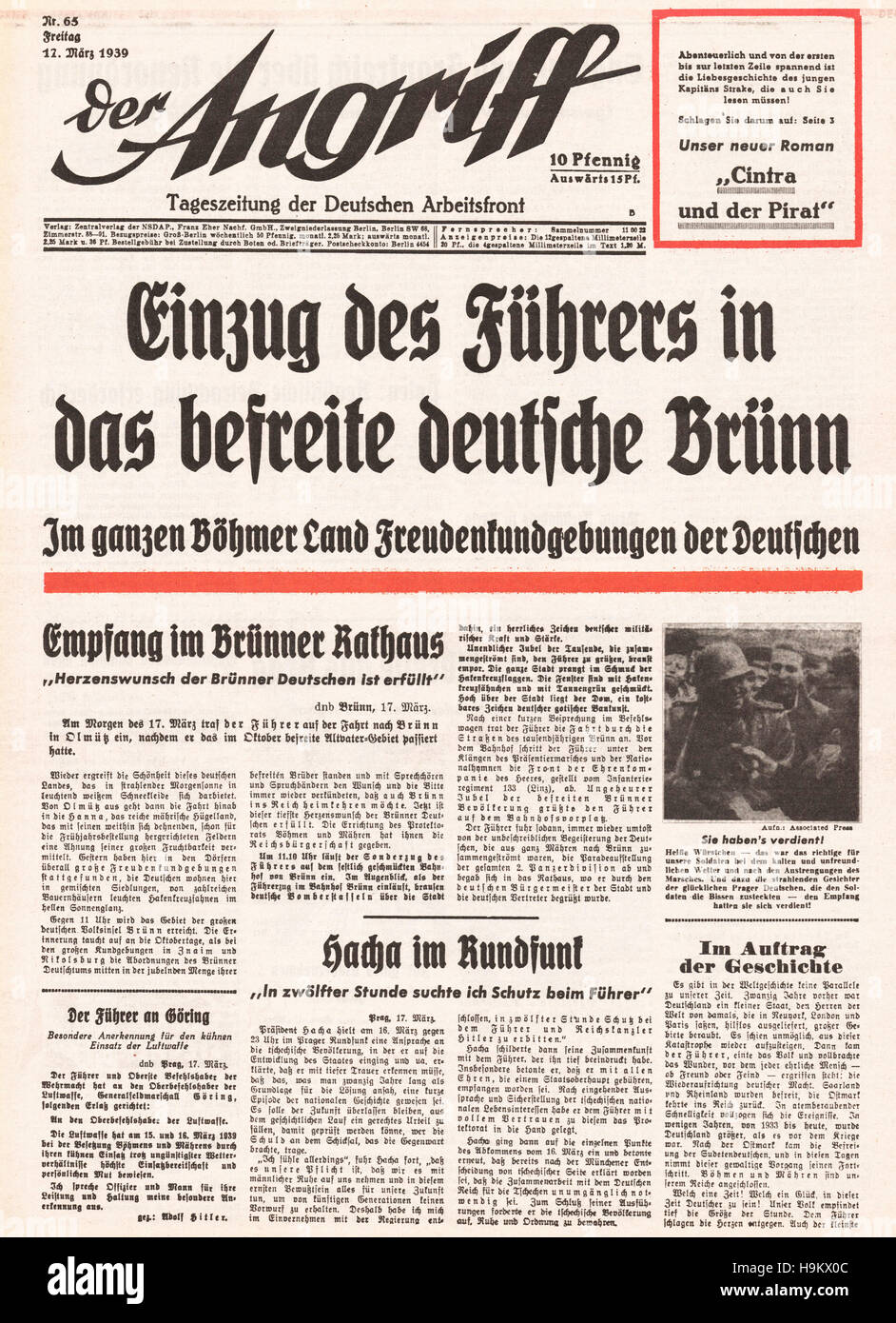 1939 Der Angriff (Germany) front page German army enter Czechoslovakia Stock Photo