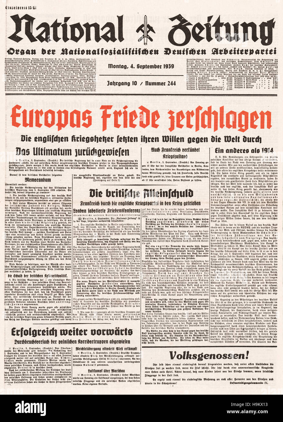 1939 National Zeitung (Germany) front page France and Britain declare war on Germany Stock Photo