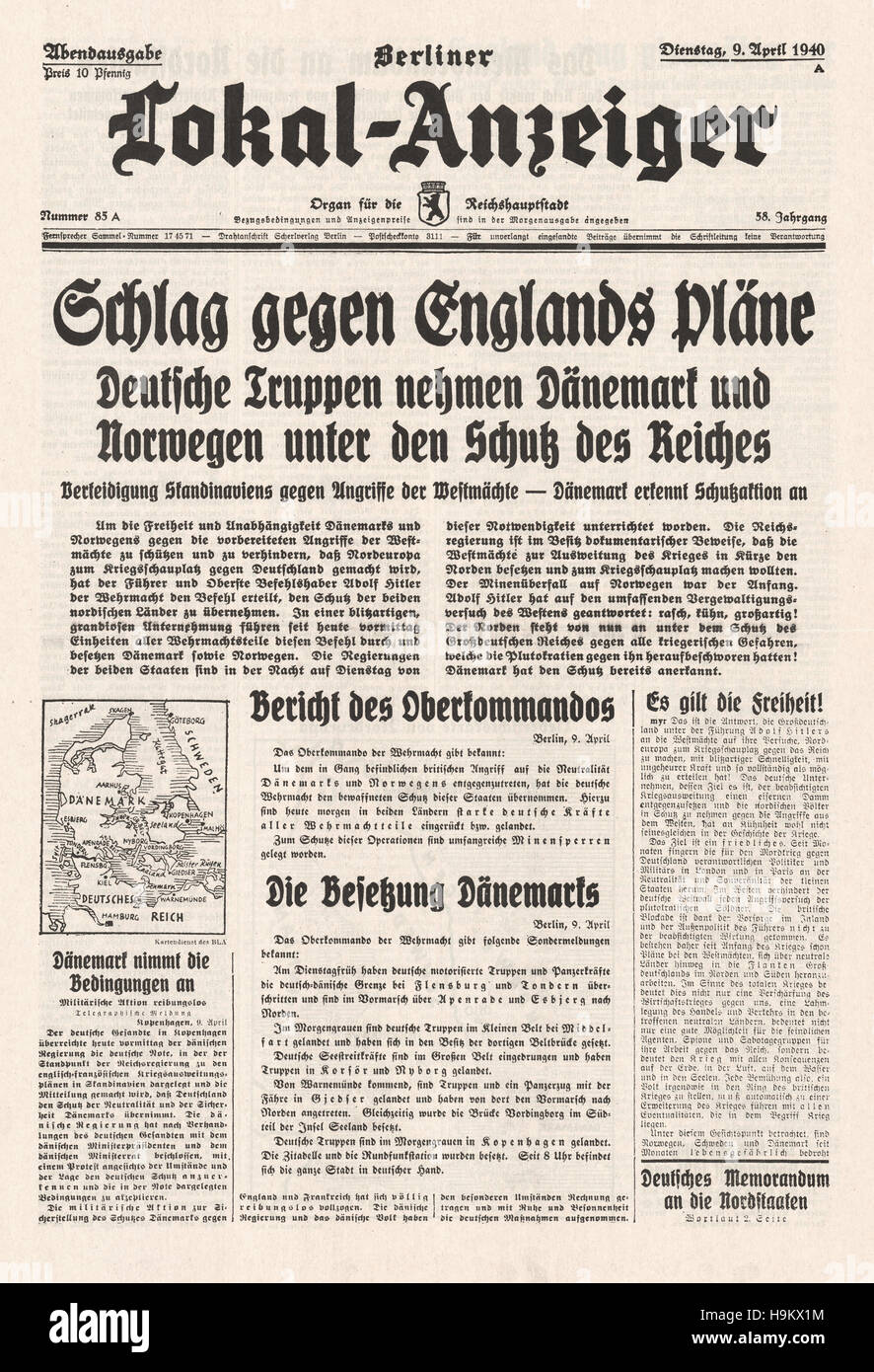 1940 Lokal Anzeiger (Germany) front page German forces invade Denmark and Norway Stock Photo