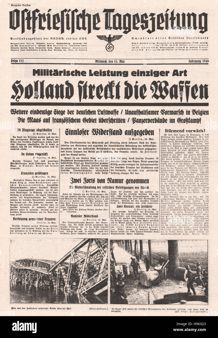 1940 Ostfriesische Tageszeitung (Germany) front page Battle for Holland Stock Photo