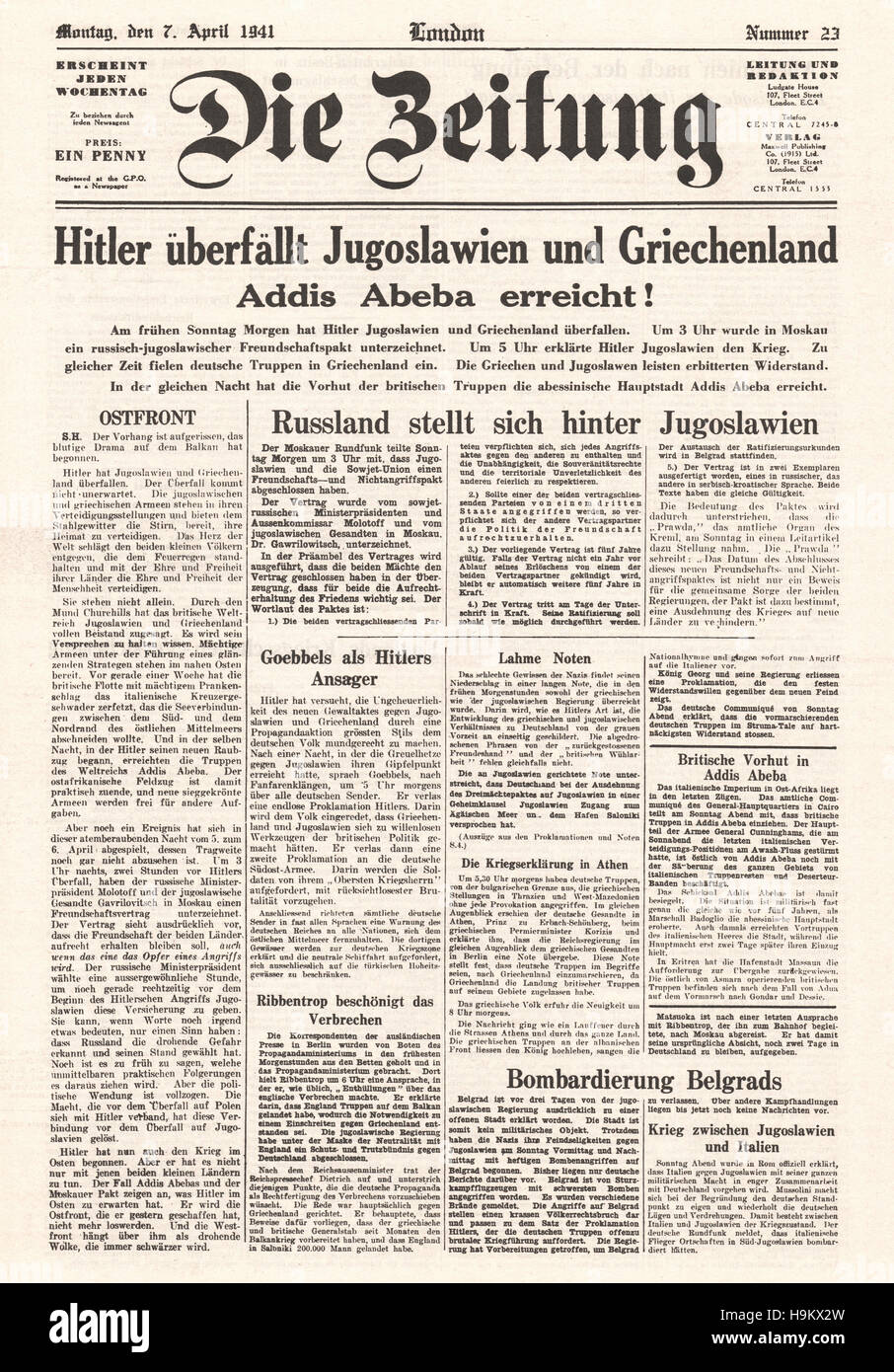 1941 Die Zeitung front page (Germany) Stock Photo