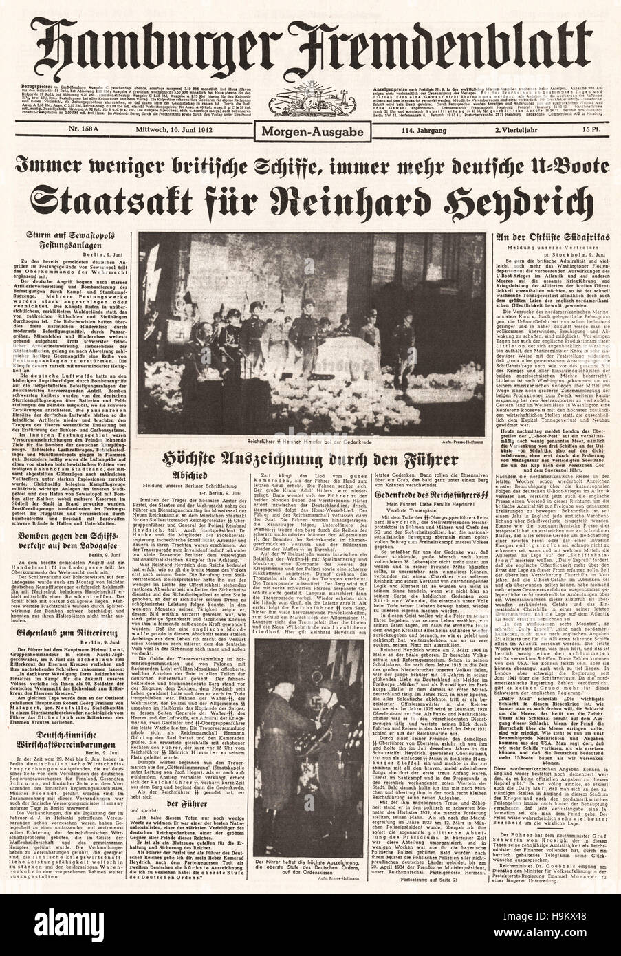 1942 Hamburger Fremdenblatt (Germany) front page Funeral of Rheinhard Heydrich Stock Photo