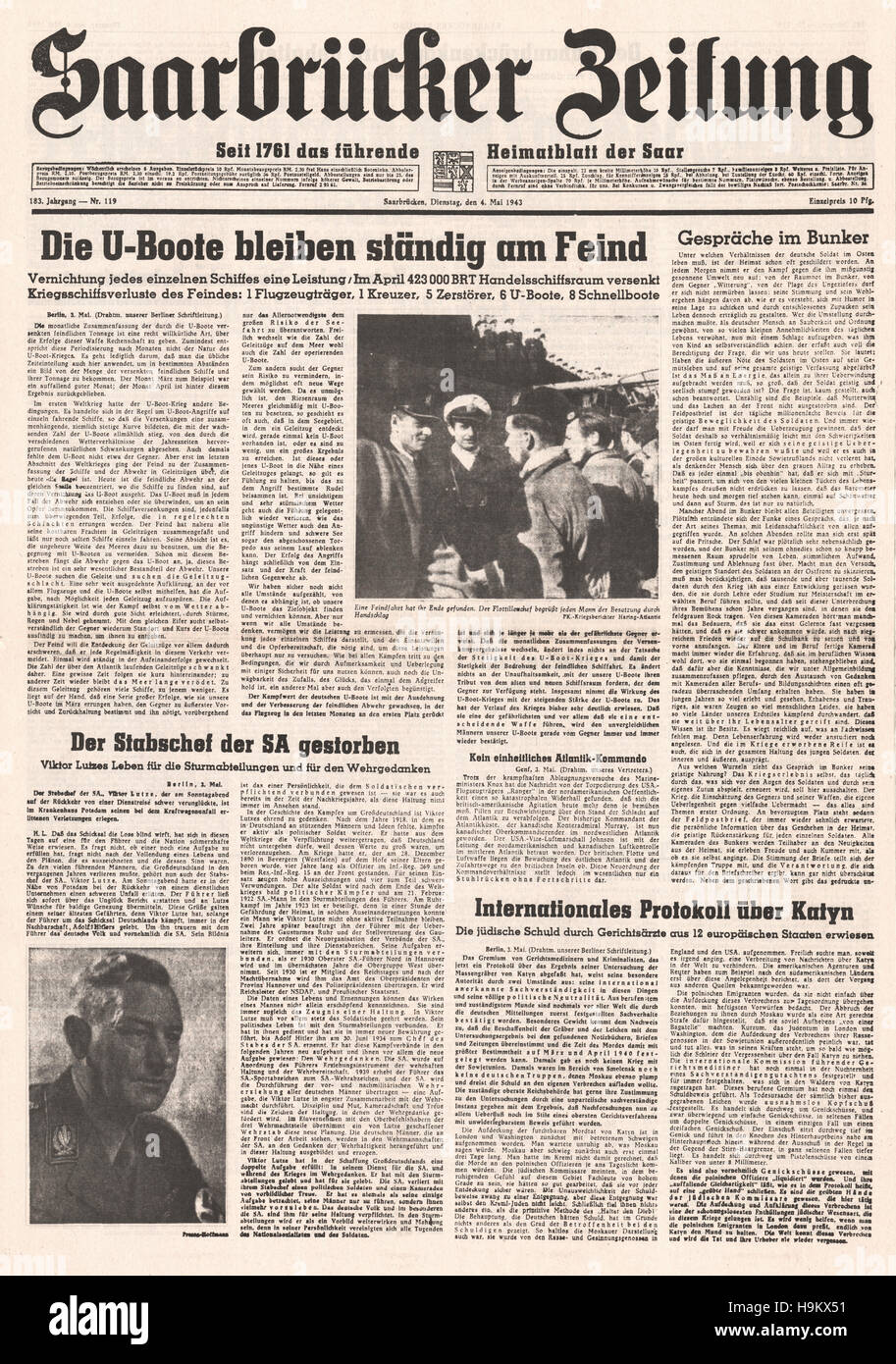 1943 Saarbrucker Zeitung (Germany) front page U-Boat war Stock Photo