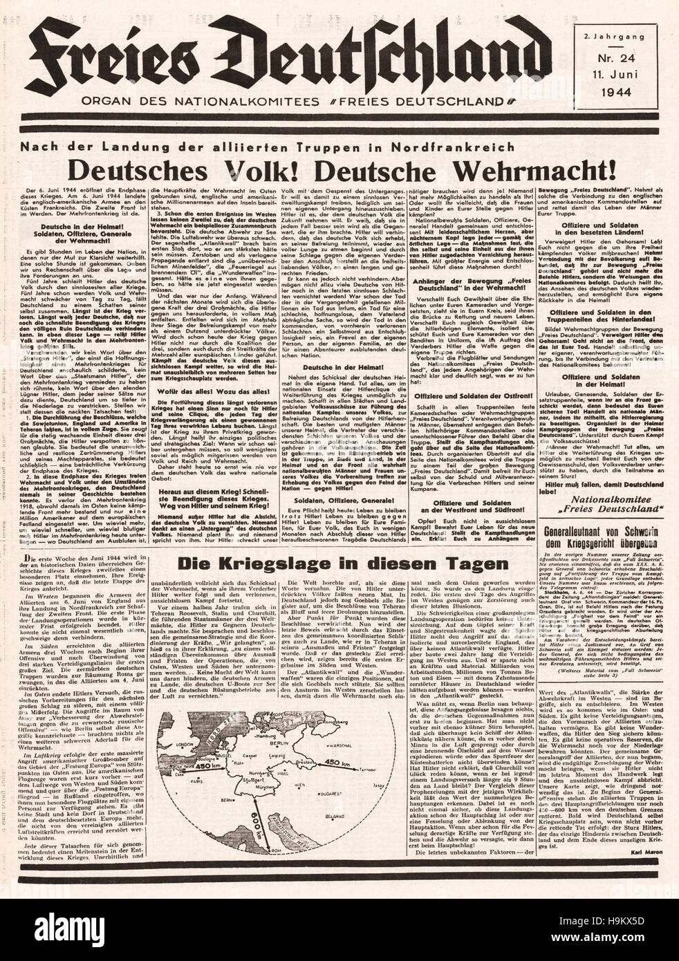 1944 Freies Deutschland (Germany) front page reporting the D-Day landings in Normandy, France Stock Photo