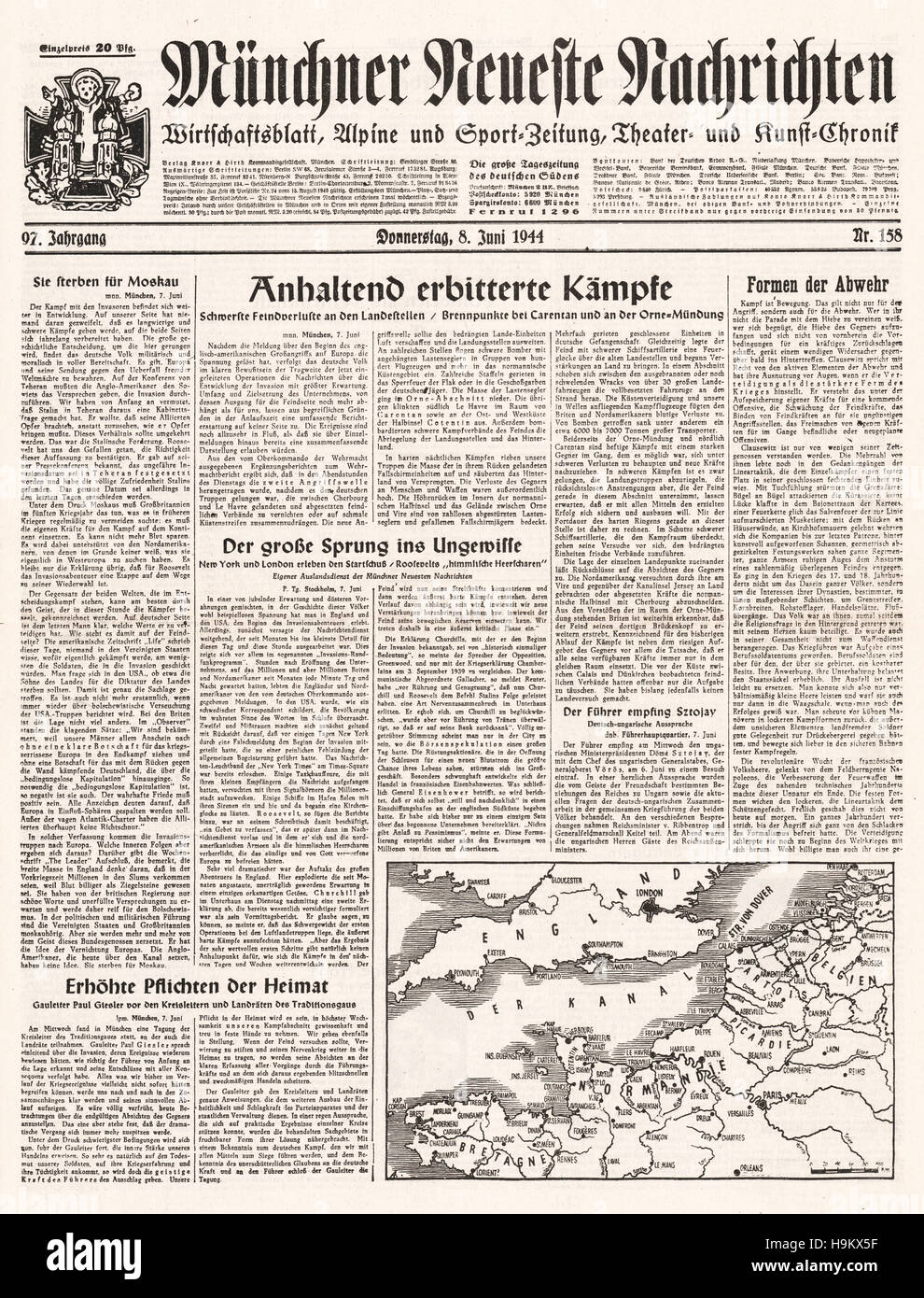 1944 Münchener Nachrichten (Germany) front page reporting the D-Day landings in Normandy, France Stock Photo