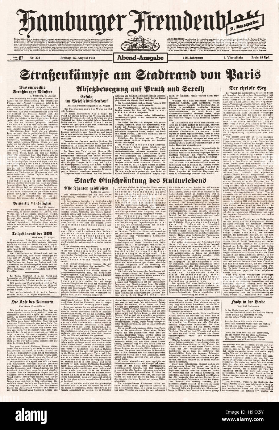 1943 Hamburger Fremdenblatt (Germany) front page Battle of Paris Stock Photo