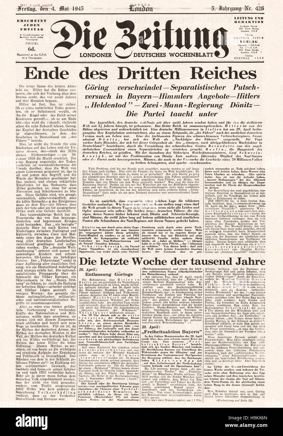 1945 Der Zeitung (London) front page End of the Third Reich Stock Photo