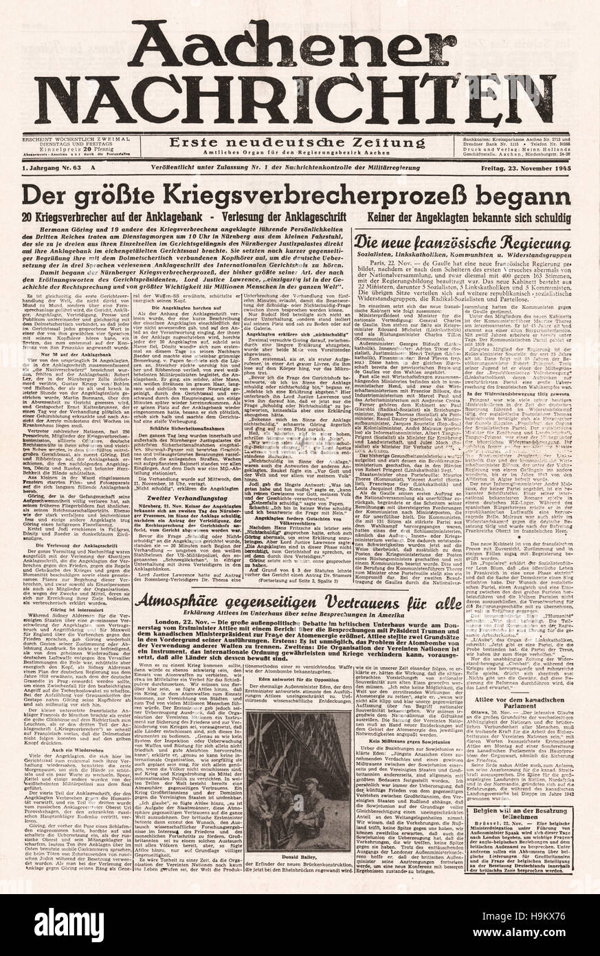 1946 Die Aachener Nachrichten (Germany) front page Opening of Nuremburg Trials Stock Photo