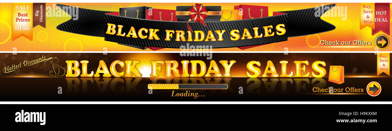 Banner set for Black Friday, in two colors. Leaderboard (728X90 px) Can be easy to modify. Contains different shopping bags, Stock Photo