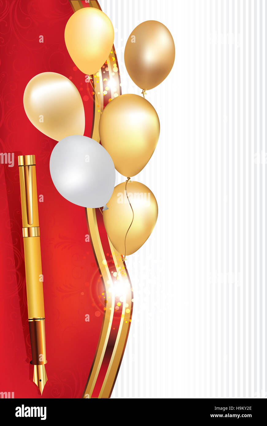 Elegant golden red celebration background with balloons and a pen  (fountain) , for birthdays, weddings or any other occasion Stock Photo -  Alamy