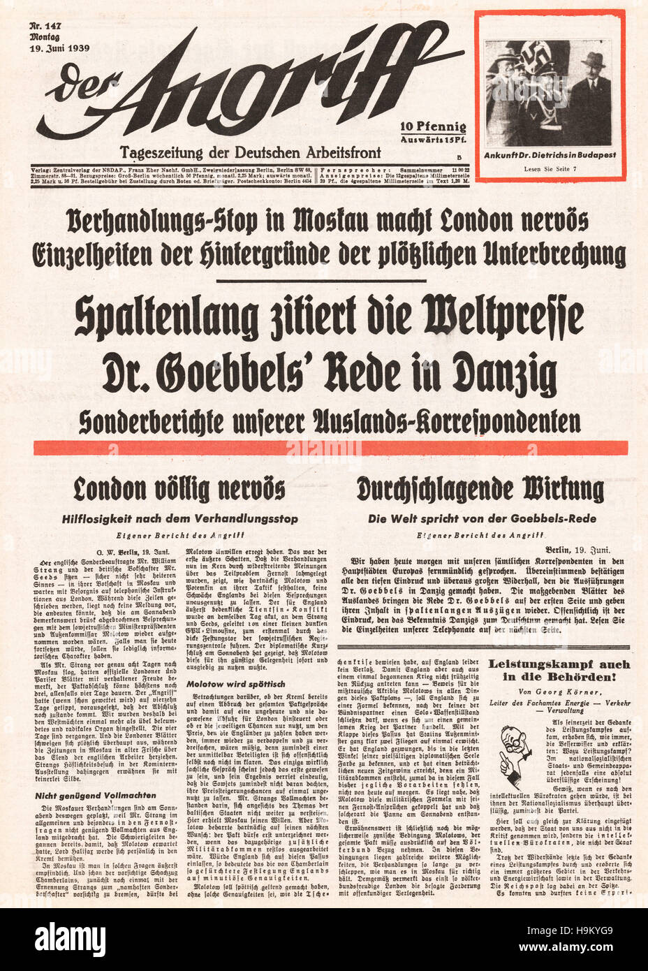1939 Der Angriff (Germany) front page Political crisis over Danzig Stock Photo