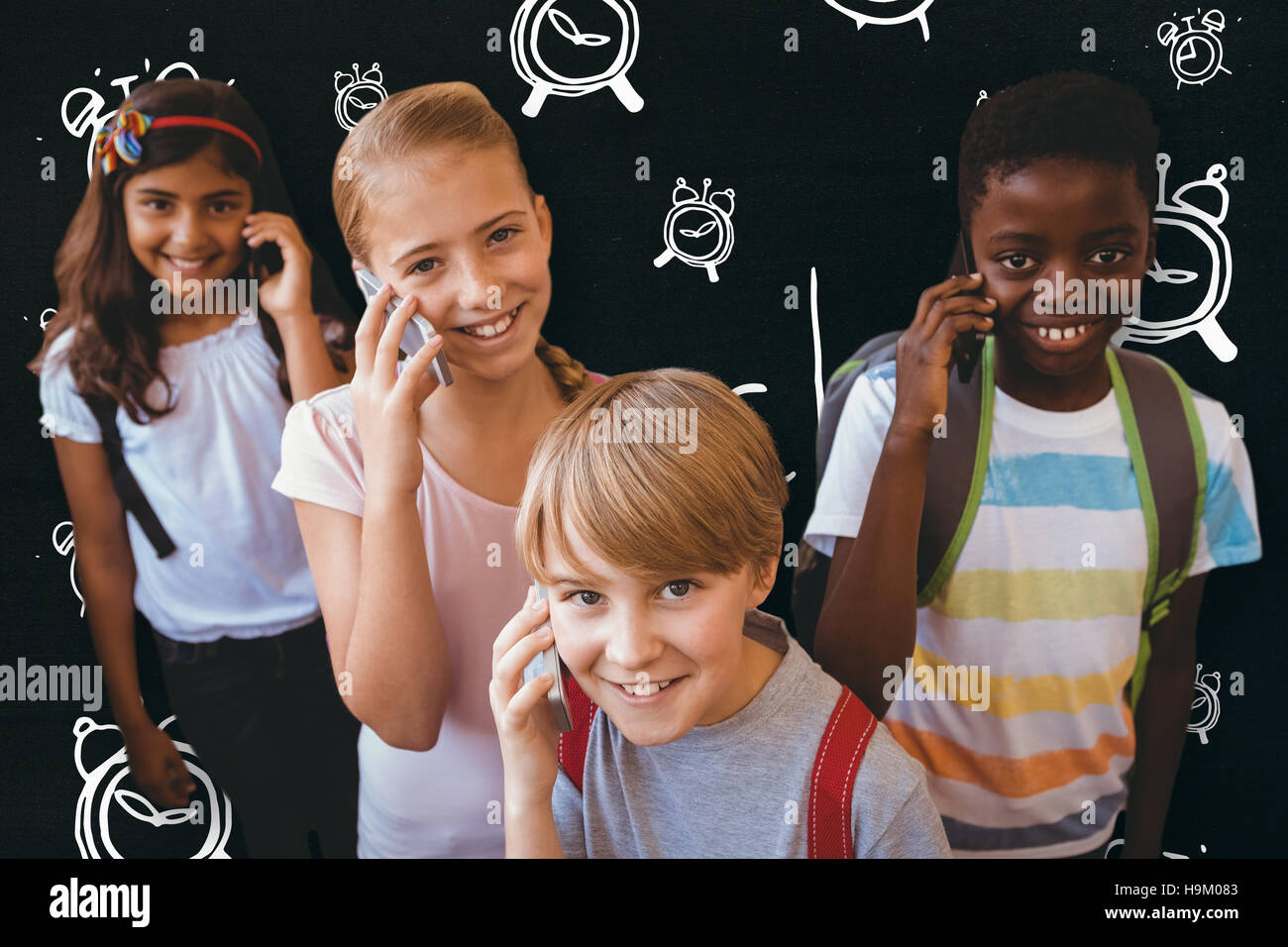 Composite image of school kids using cellphones in school corridor