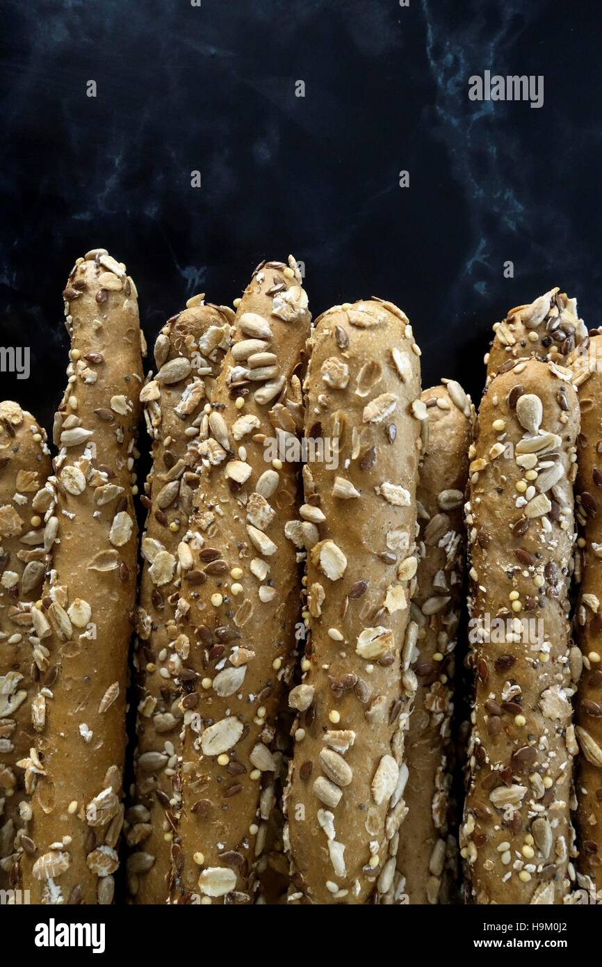 Greek Cuisine. Kritsinia Multigrain Bread Sticks with Sesame, Crete. Stock Photo