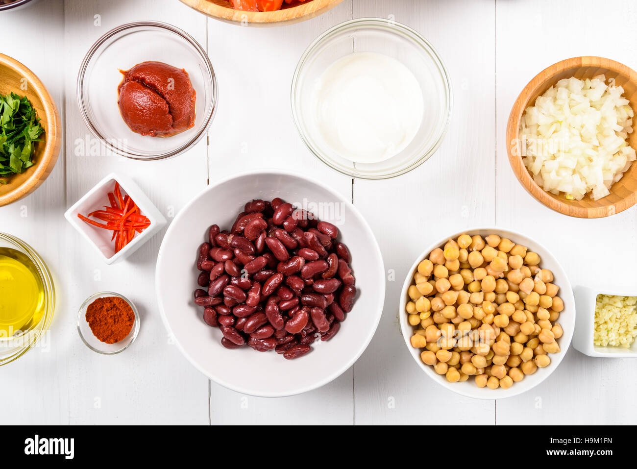 Chili Bean Stew Food Ingredients Top View On White Wood Table Stock