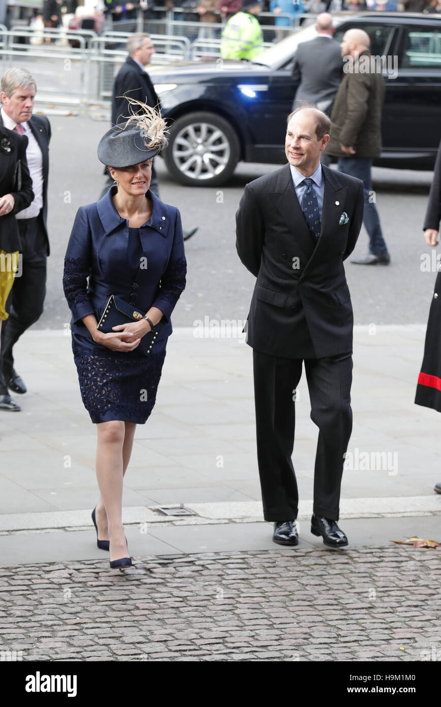 The Earl and Countess of Wessex arriving at Westminster Abbey in London for a service to mark the 60th anniversary of the Duke of Edinburgh's Award scheme. Stock Photo