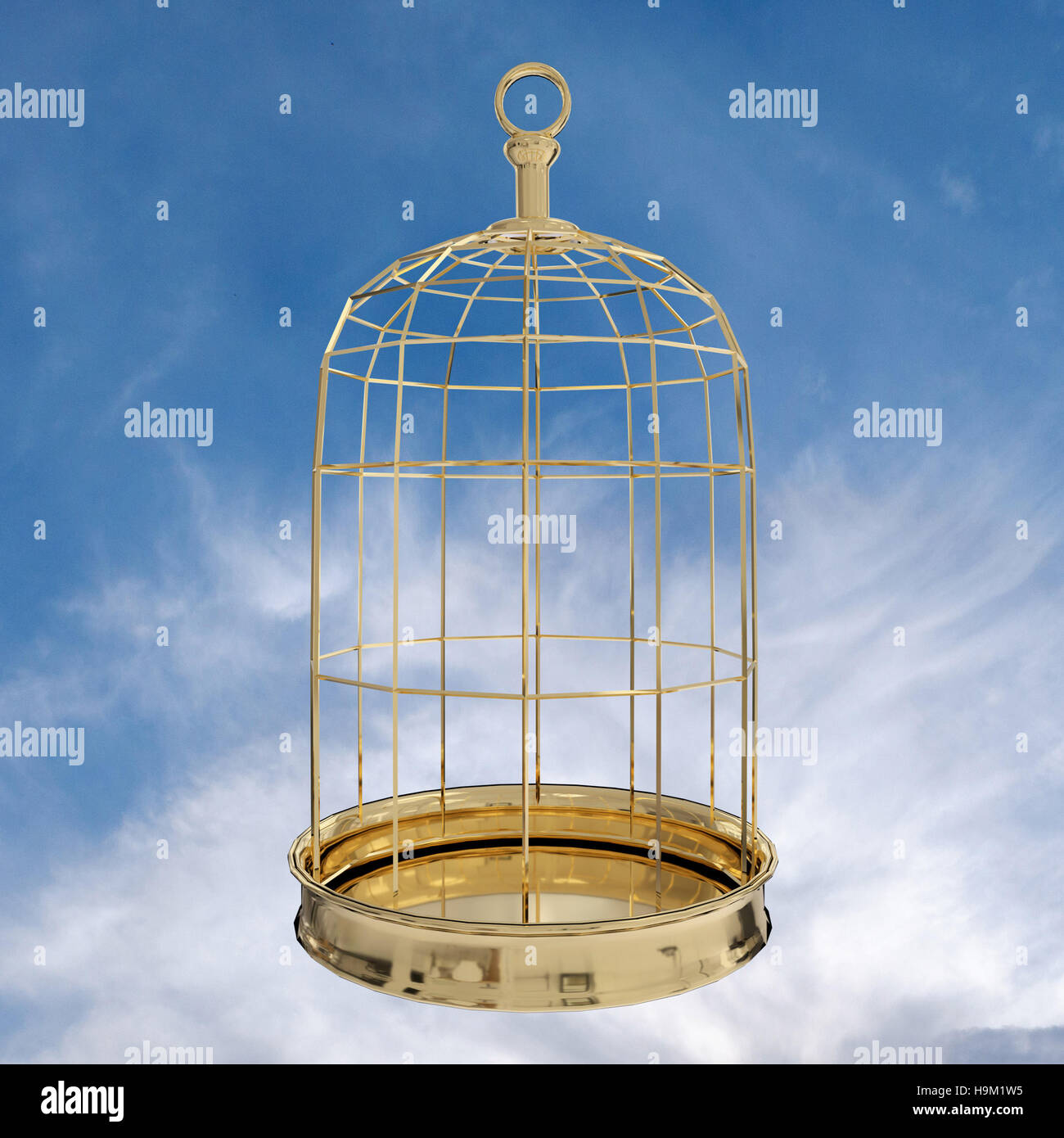 3D rendering of a golden bird cage on sky, freedom concept Stock Photo