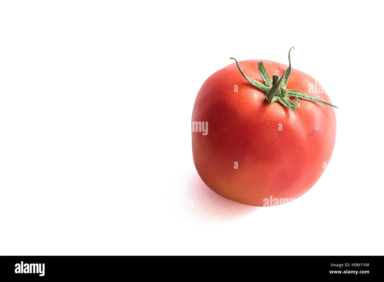 Fresh red tomato with green stem isolated on white background with ...