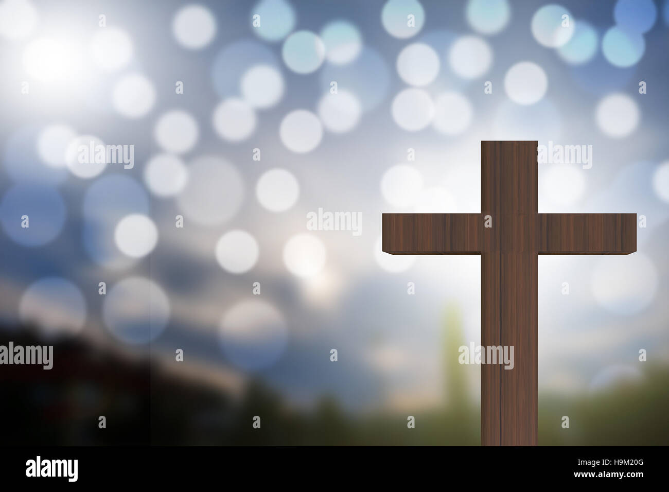 3D rendering of wooden cross on a blue sky with bokeh, god/love concept Stock Photo