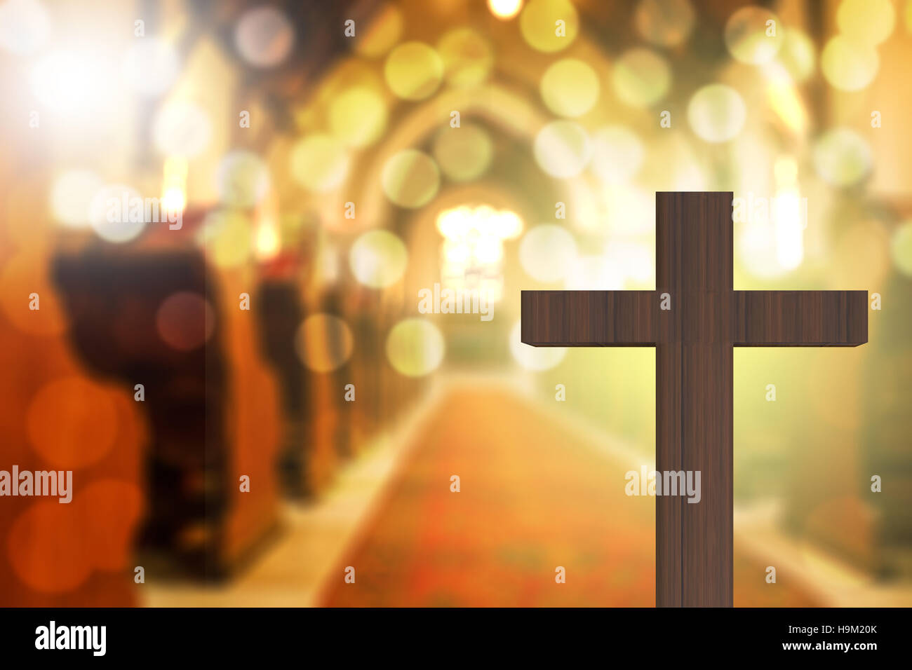3D rendering of wooden cross in blurred church interior with bokehs. Stock Photo