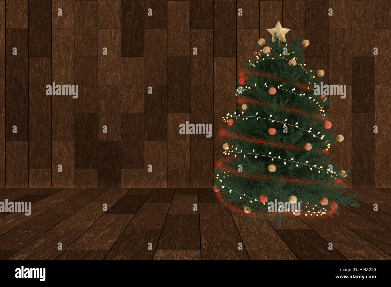 3D rendering of christmas tree on wooden room with copyspace Stock Photo