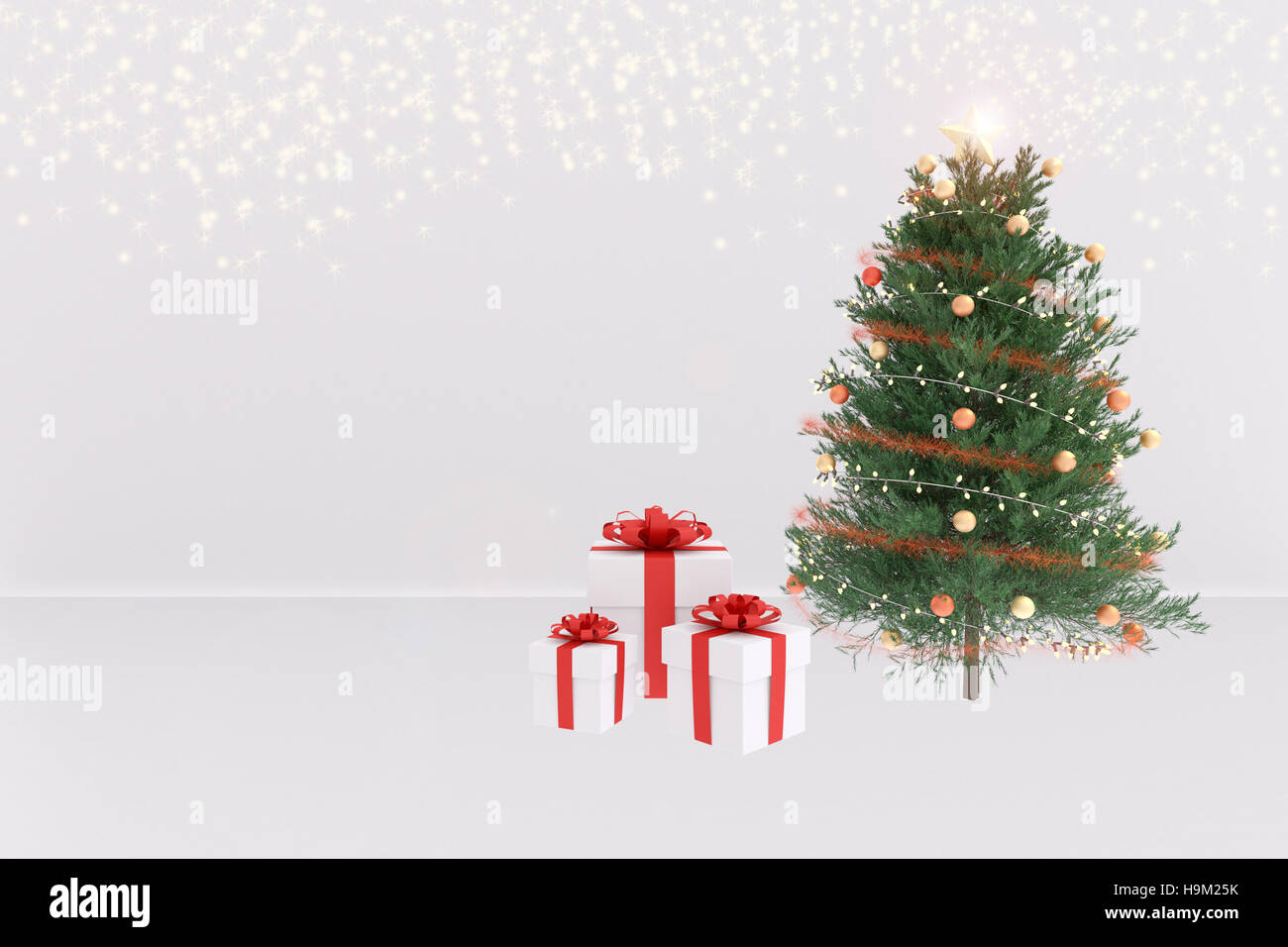 3D rendering of christmas tree with white gift boxes on white with ...