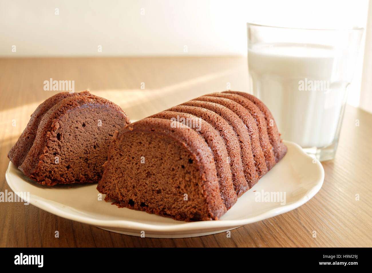 Chocolate Loaf cake and milk on a plate as snack or breakfast, selective focus Stock Photo