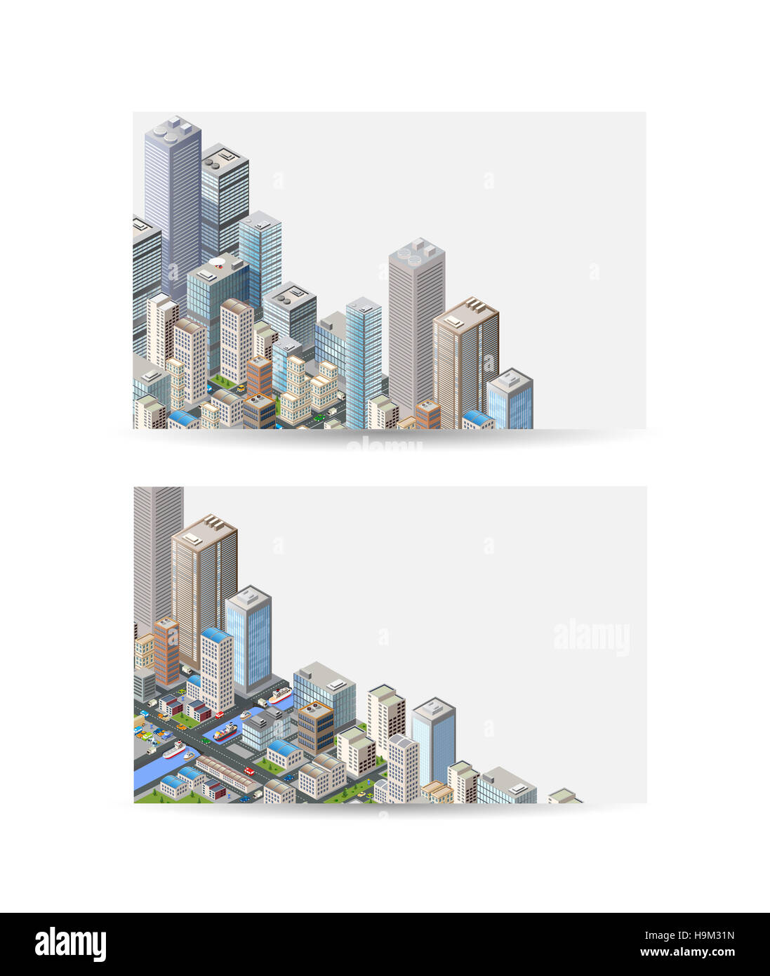 Business card of real estate agency or a travel portal with isometric city with buildings, offices and skyscrapers Stock Photo