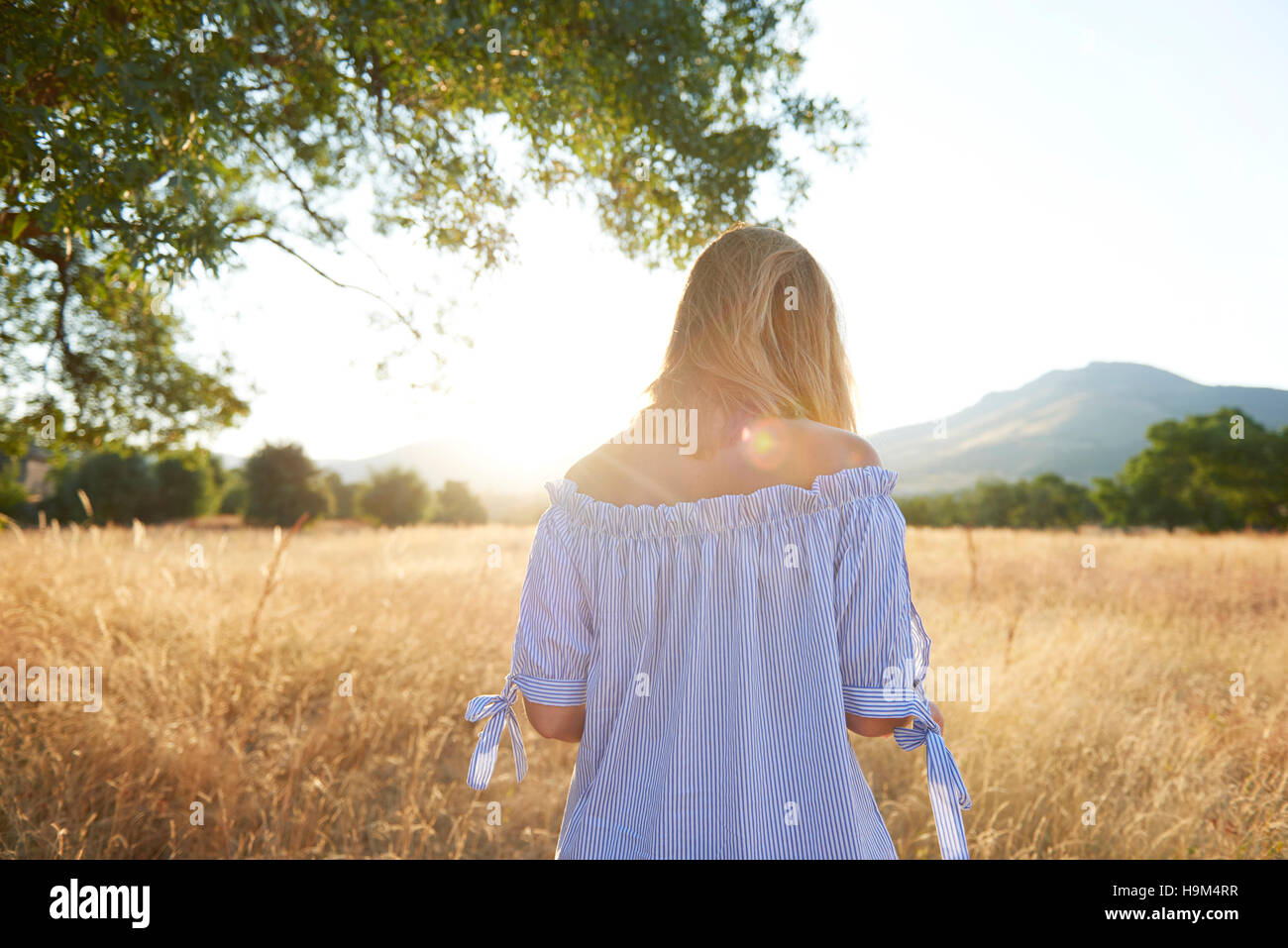 Back view of blond woman in nature Stock Photo - Alamy