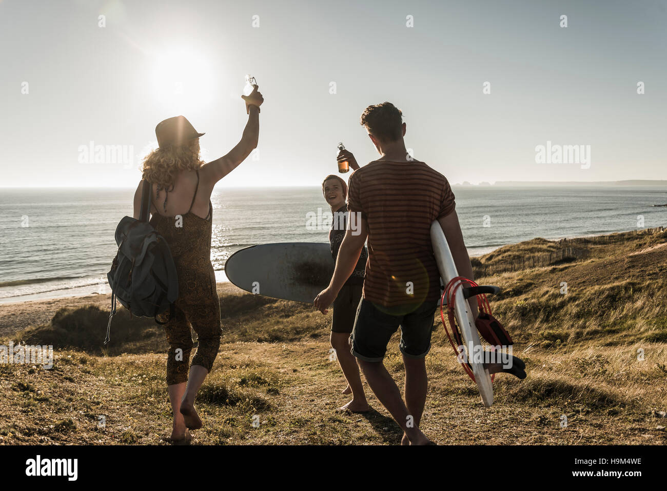 Three friends with surfboards toasting at seaside Stock Photo