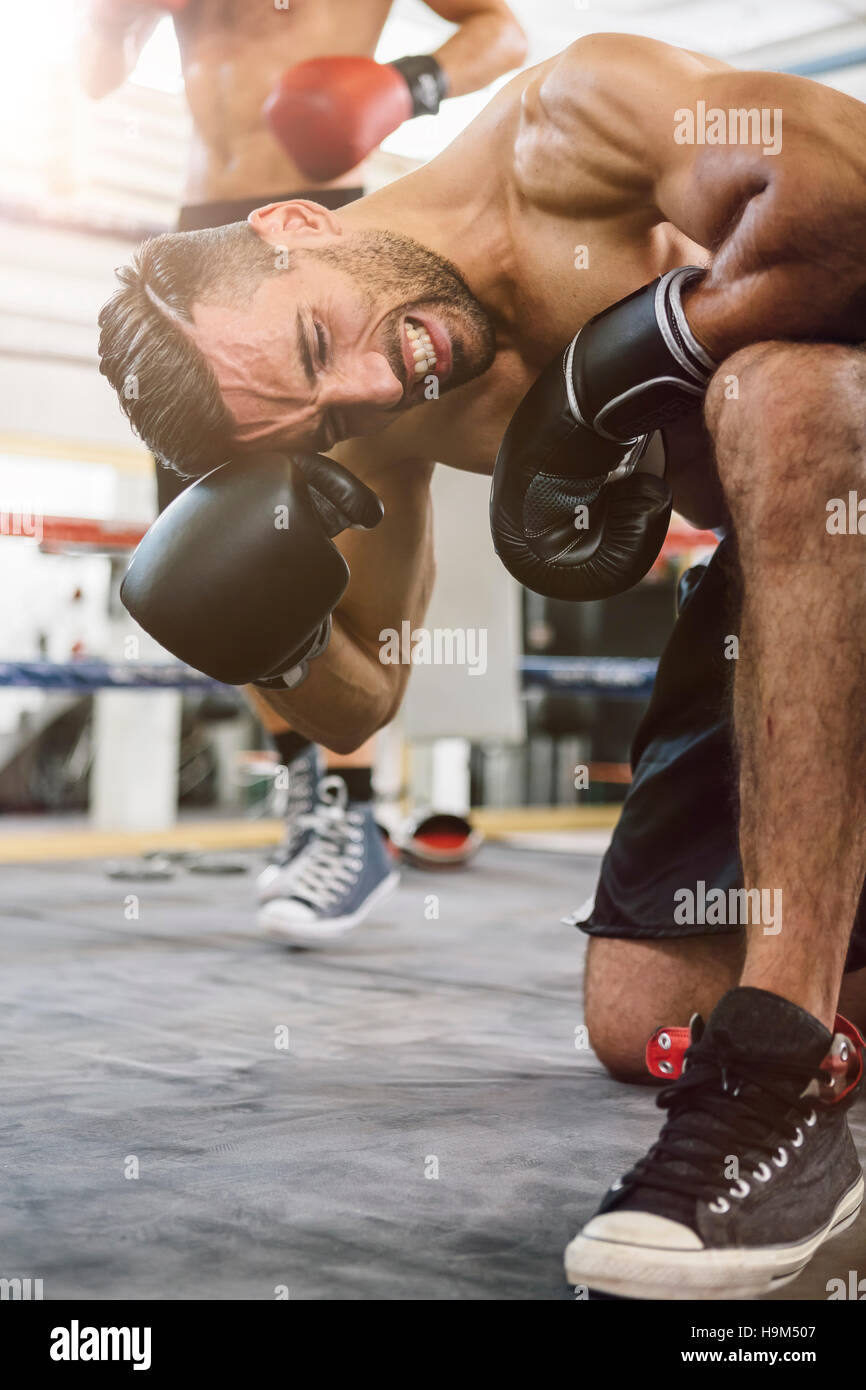 Hit boxer in boxing ring Stock Photo Alamy