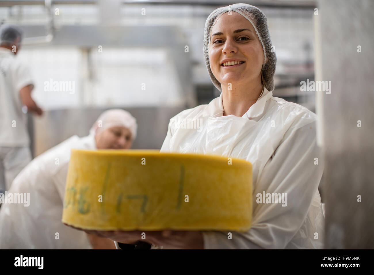 Cheese factory worker holding labeled cheese wheel Stock Photo Alamy