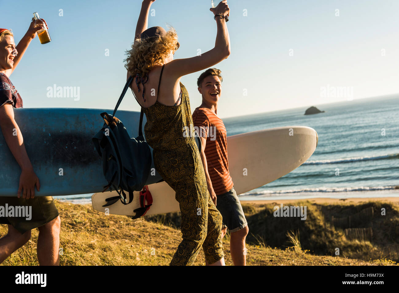 Three friends with surfboards having fun at seaside Stock Photo