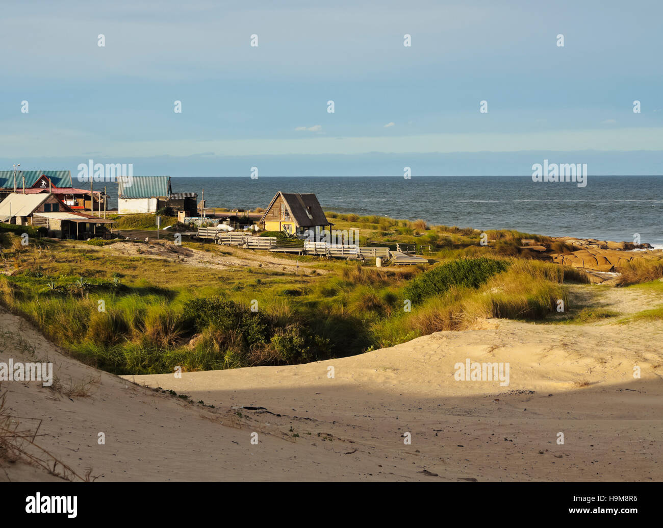 Uruguay, Rocha Department, Punta del Diablo, View of the la Viuda Beach Dunes. Stock Photo