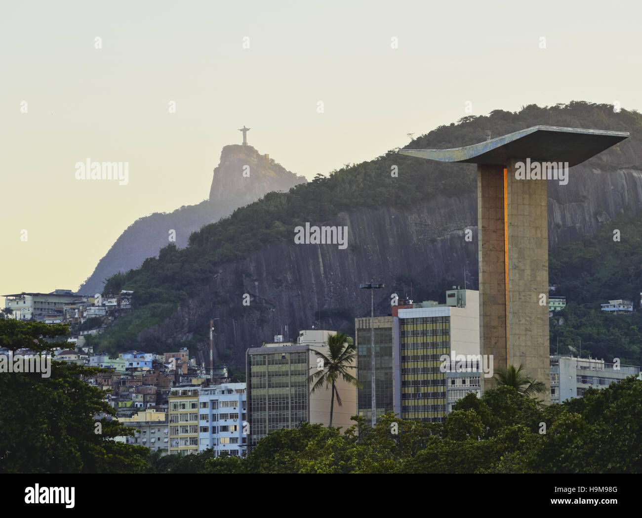 Brazil City of Rio de Janeiro Gloria View of the Monument to the Dead of World War II with Corcovado Mountain and Christ the Stock Photo