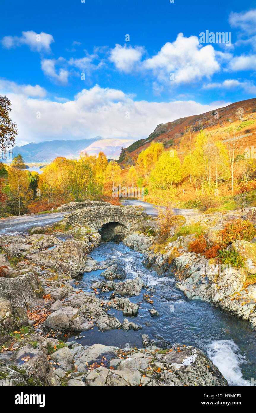Ashness Bridge in autumn looking towards Skiddaw and Derwentwater, Lake District National Park, Cumbria, England, UK Stock Photo