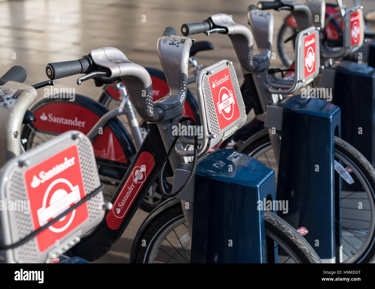 London,UK - January 23 2016: Santander rental bikes for hire in London. They can be rented at a series of locations around the city Stock Photo