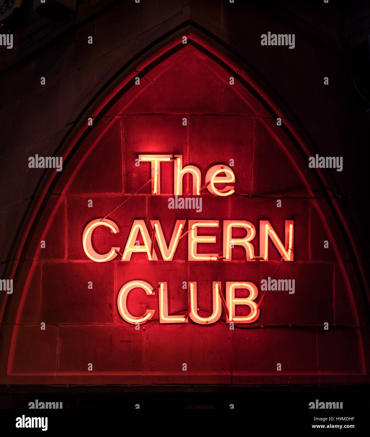 Neon Cavern Club sign at 10 Mathew Street, The Cavern Quarter, Liverpool, Merseyside, England, UK, *EDITORIAL* Stock Photo