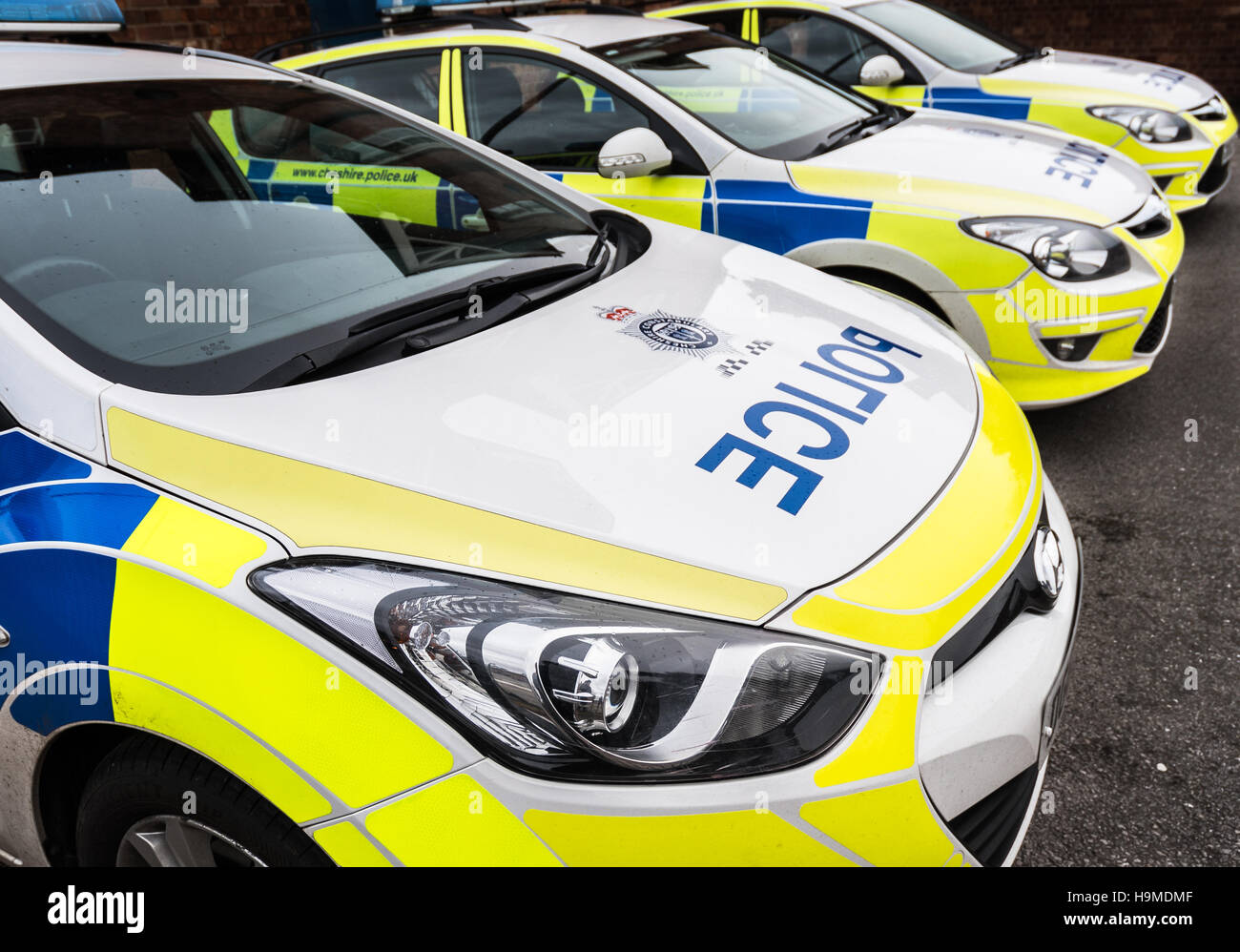 Exterior view of cars parked at a police station in Cheshire, UK. Served by the Cheshire constabulary Stock Photo