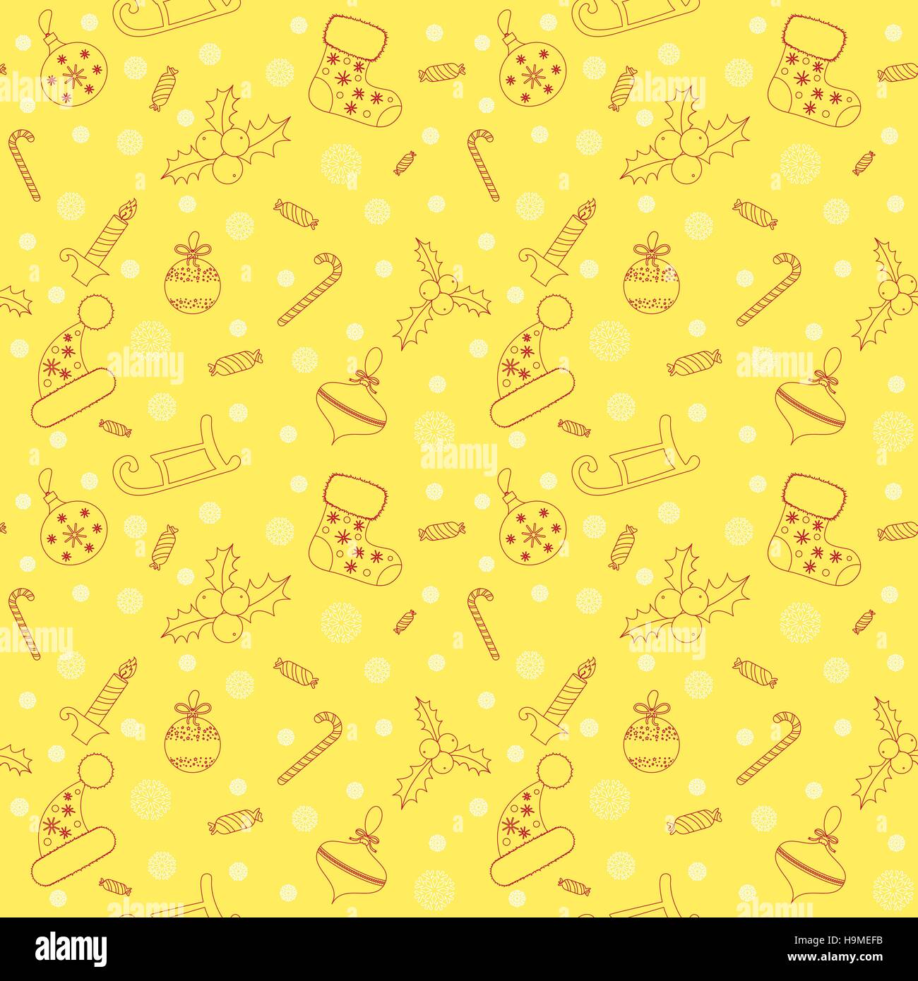 Christmas seamless pattern with balls, snowflakes, holly berry. Stock Vector