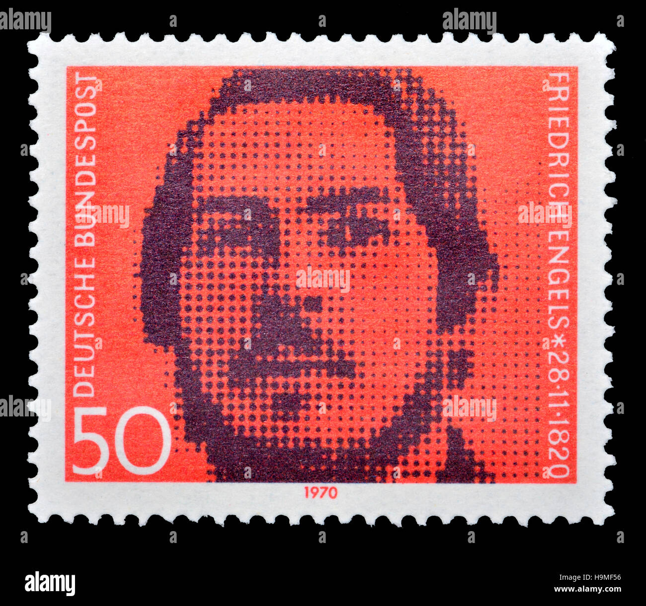 German postage stamp (1970) : Friedrich Engels (1920-1895) German philosopher, social scientist, journalist and businessman. Co-founder of Marxist the Stock Photo