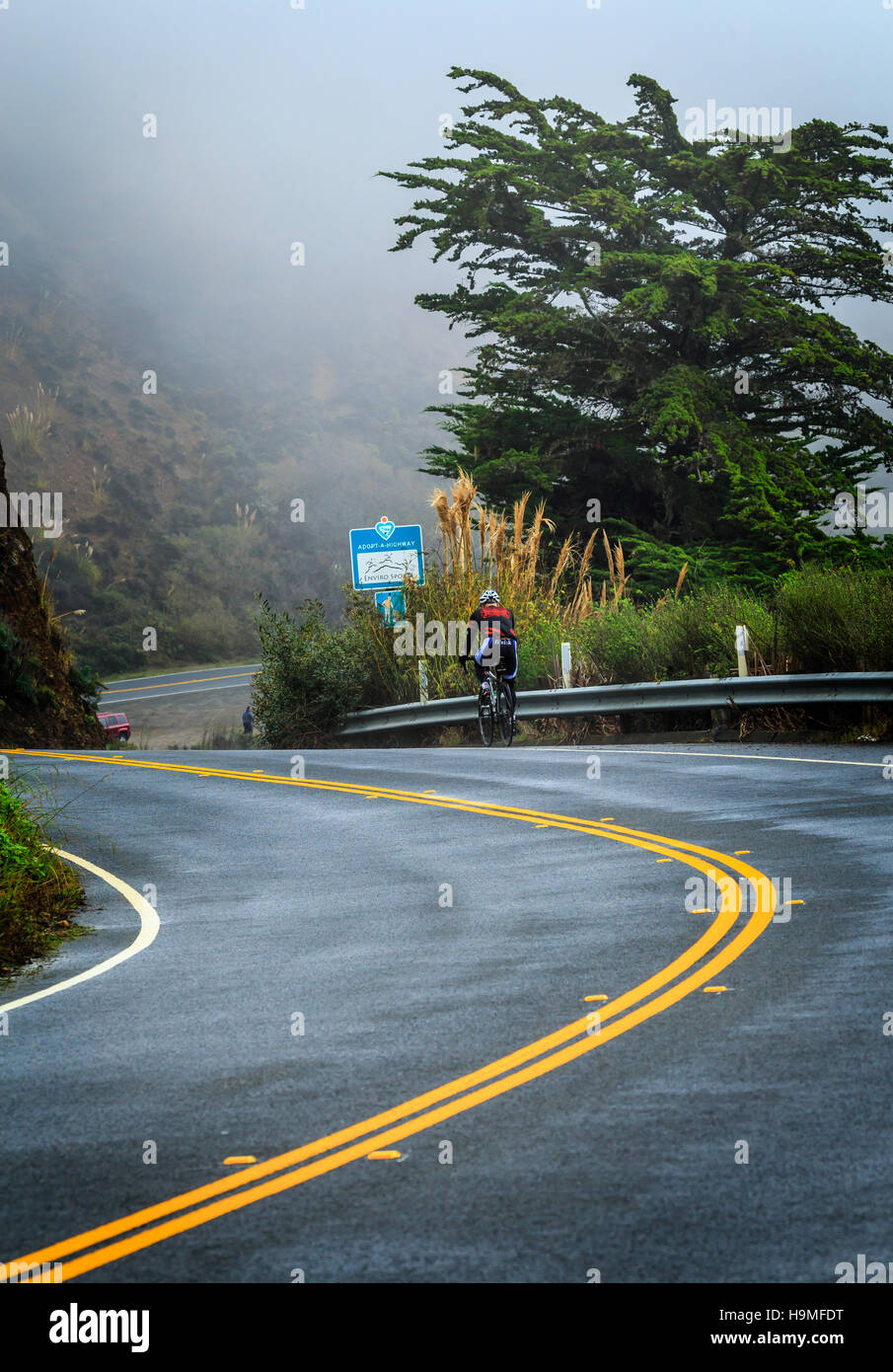 Cyclists on a coastal road Stock Photo