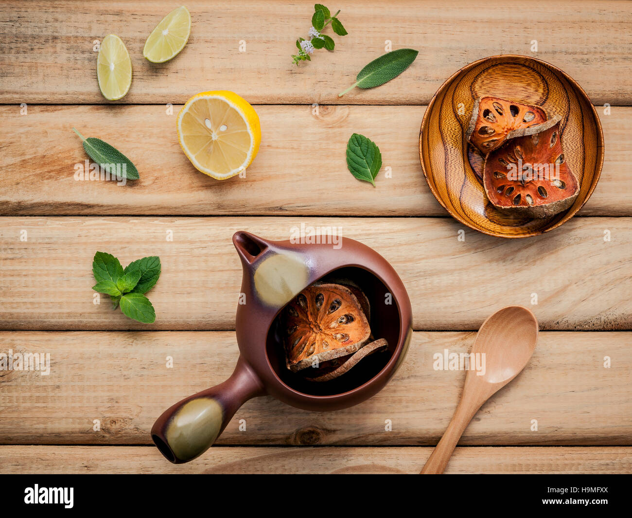 Herbal tea pot with fresh herbs sage ,peppermint ,dried indian b Stock Photo Alamy