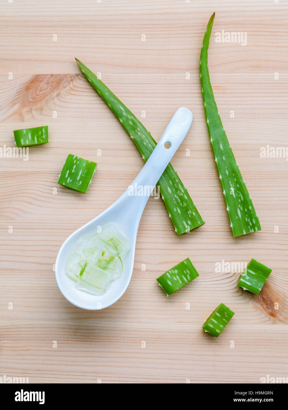 Alternative skin care  aloe vera gel in wooden spoons with aloe Stock Photo