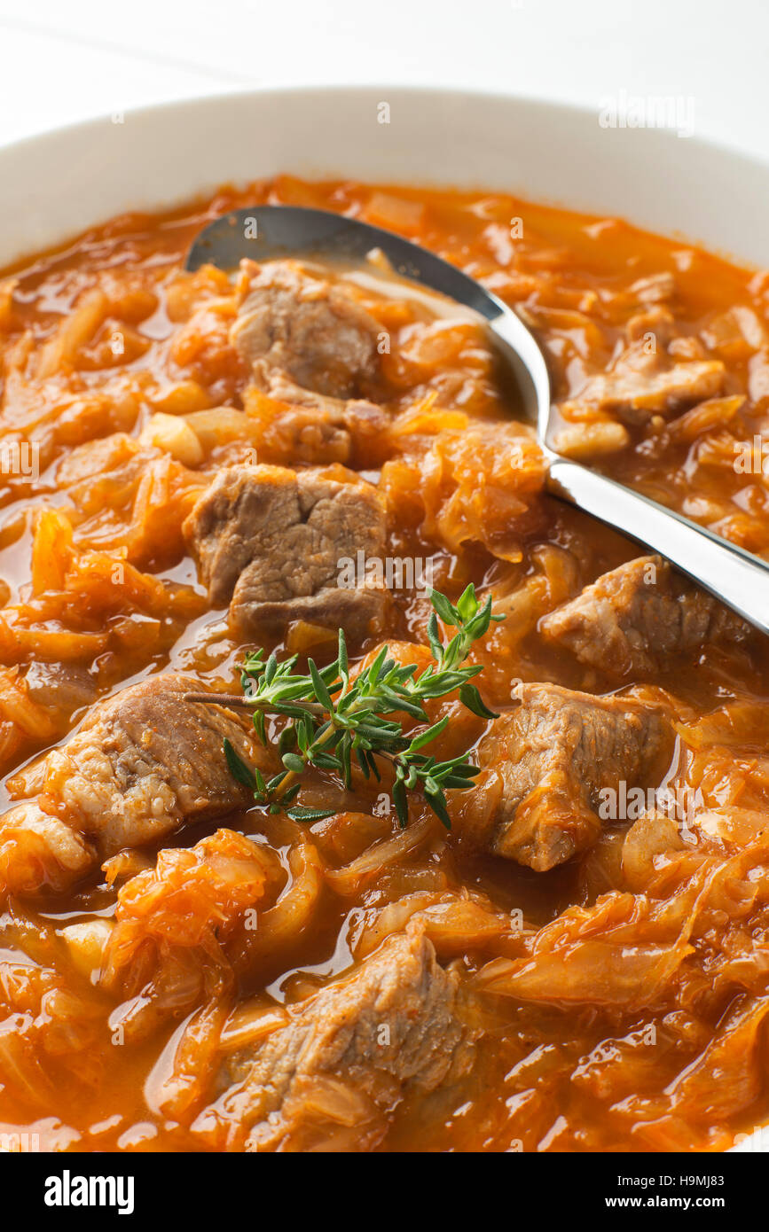 Cabbage stew with beef- goulash close up shoot Stock Photo